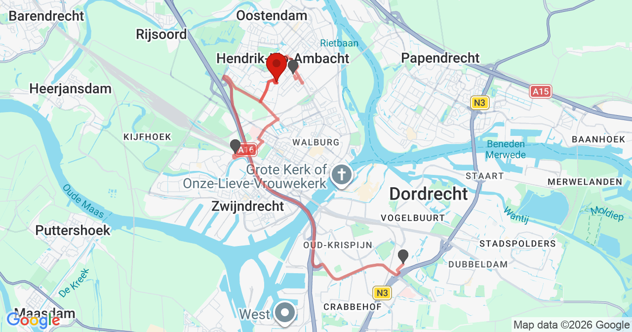 Kaart van het incident in Hendrik-Ido-Ambacht met de aanrijroutes van de gealarmeerde eenheden