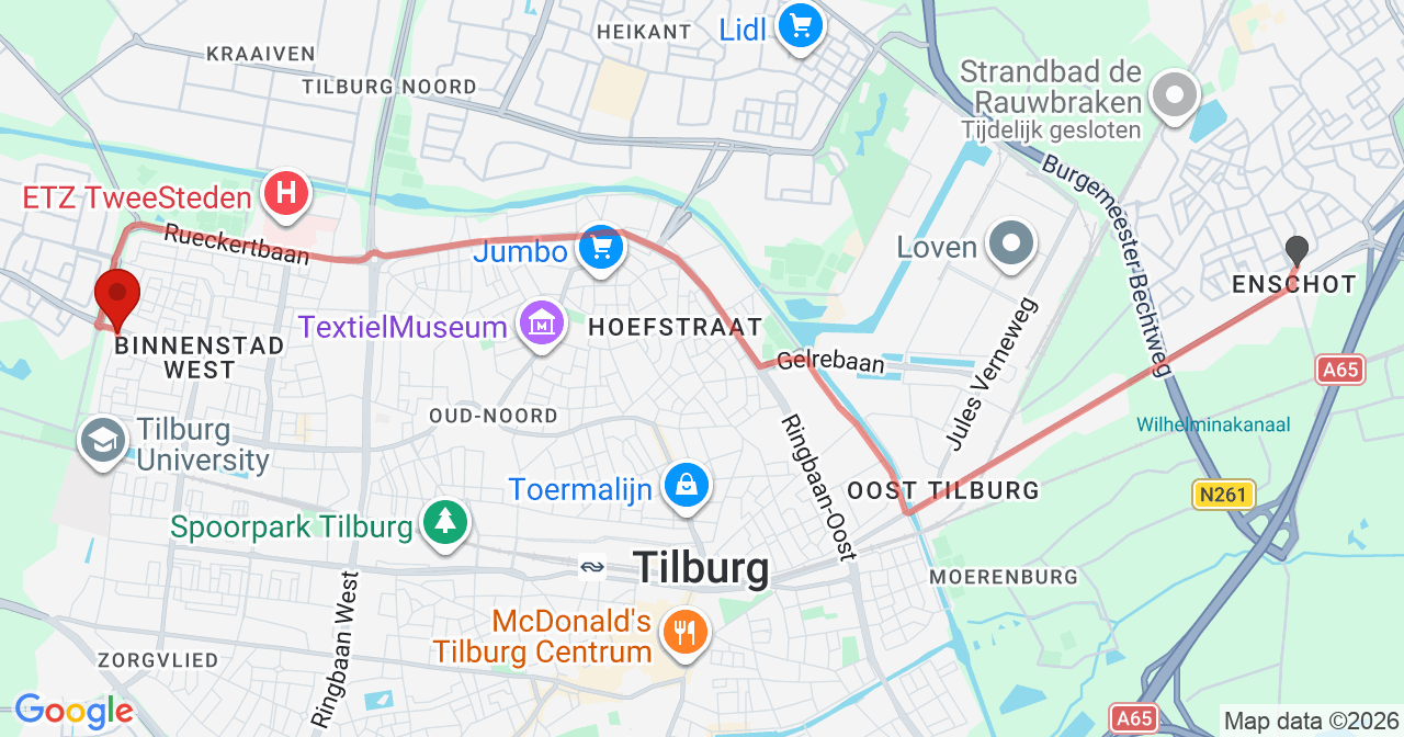 Kaart van het incident in Tilburg met de aanrijroutes van de gealarmeerde eenheden