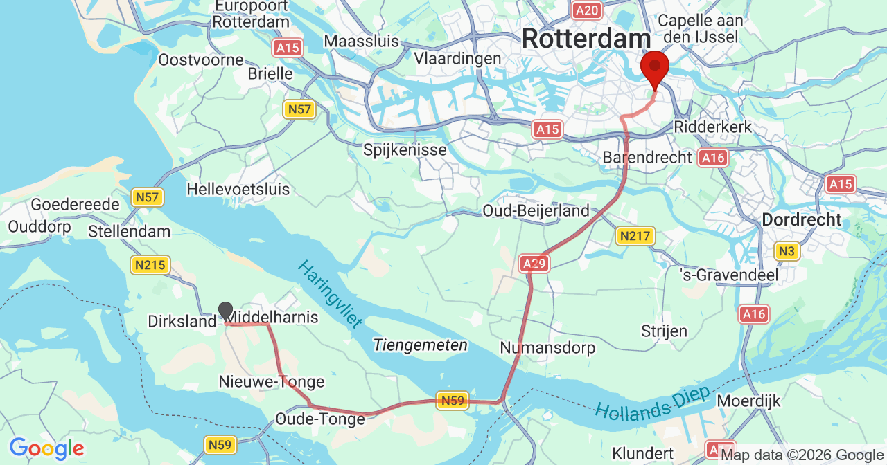 Kaart van het incident in Rotterdam met de aanrijroutes van de gealarmeerde eenheden