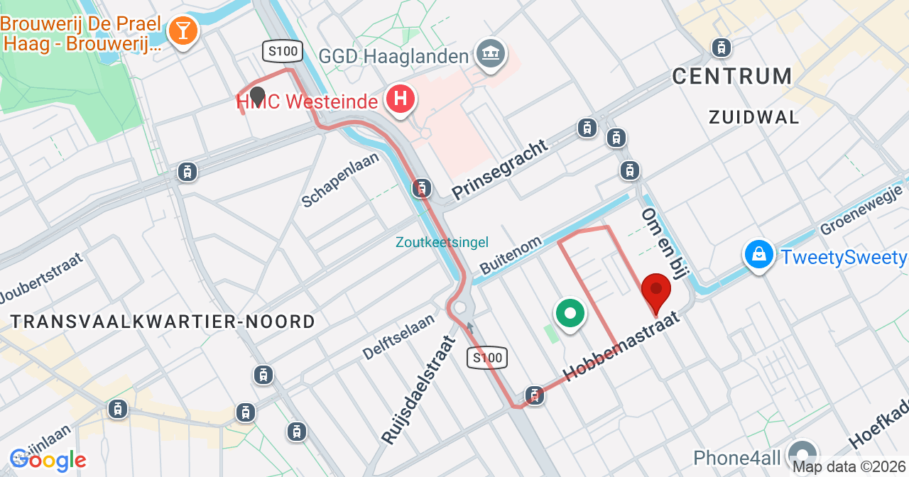 Kaart van het incident in 's-Gravenhage met de aanrijroutes van de gealarmeerde eenheden