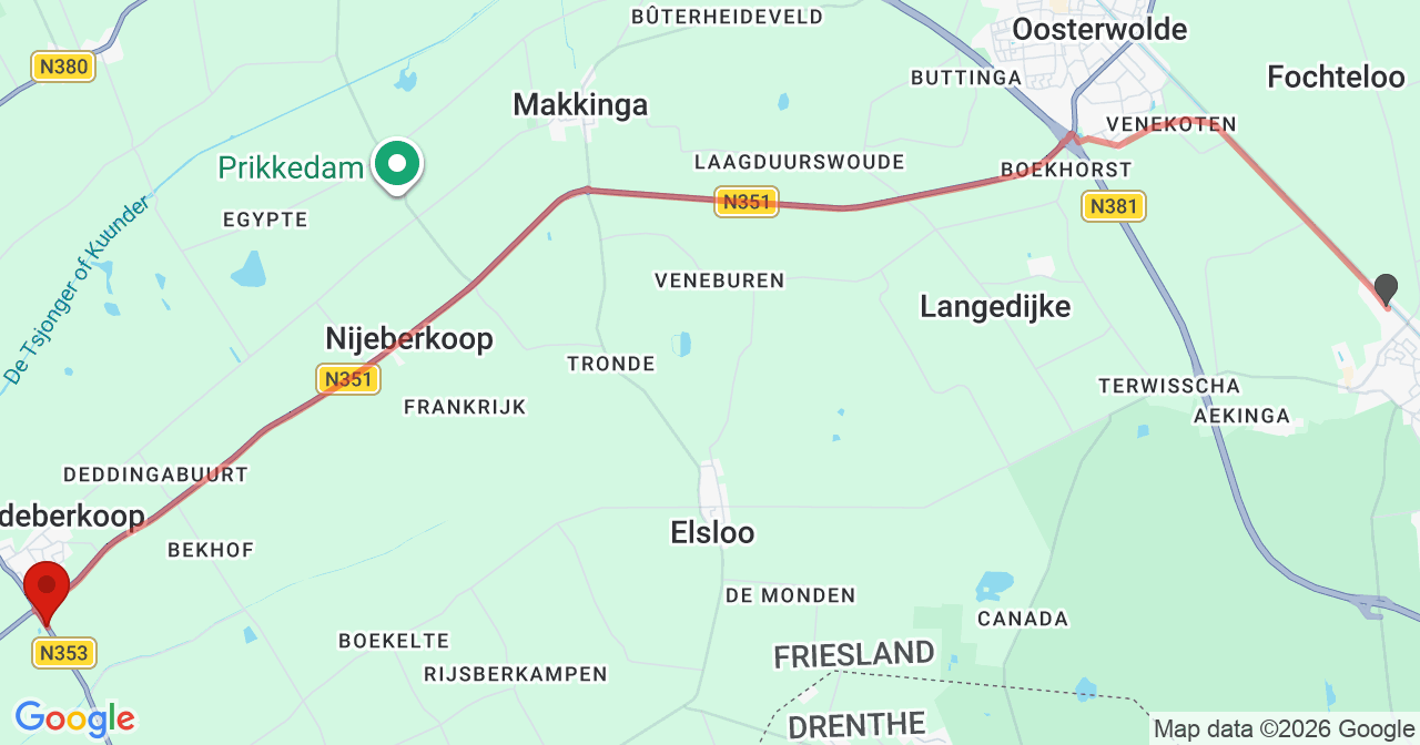 Kaart van het incident in Oldeberkoop met de aanrijroutes van de gealarmeerde eenheden