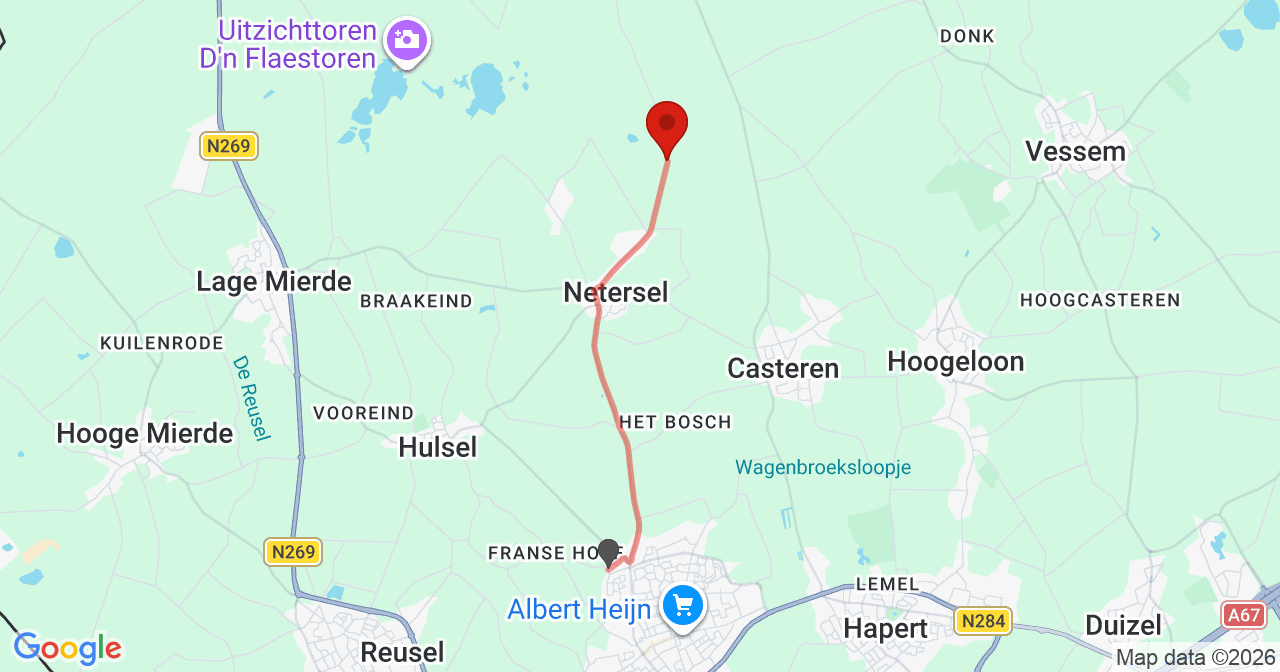 Kaart van het incident in Netersel met de aanrijroutes van de gealarmeerde eenheden