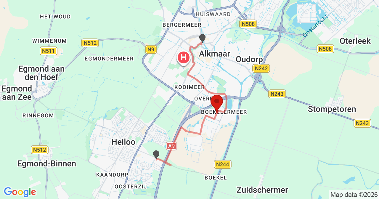 Kaart van het incident in Alkmaar met de aanrijroutes van de gealarmeerde eenheden