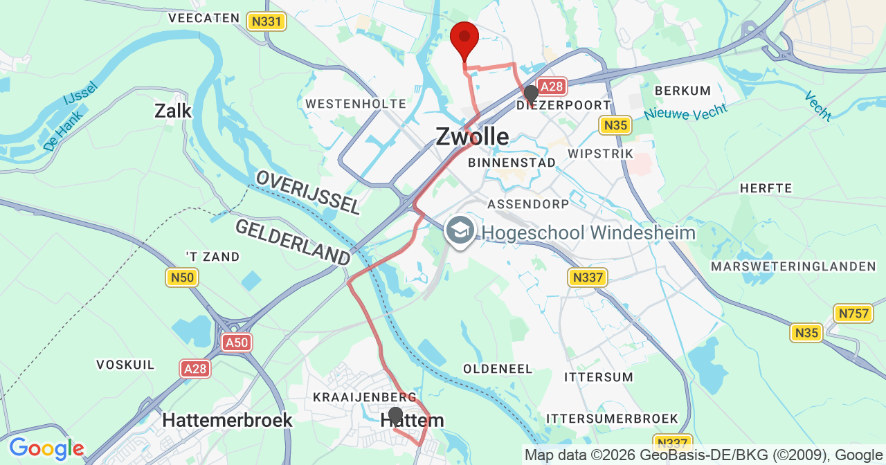 Kaart van het incident in Zwolle met de aanrijroutes van de gealarmeerde eenheden