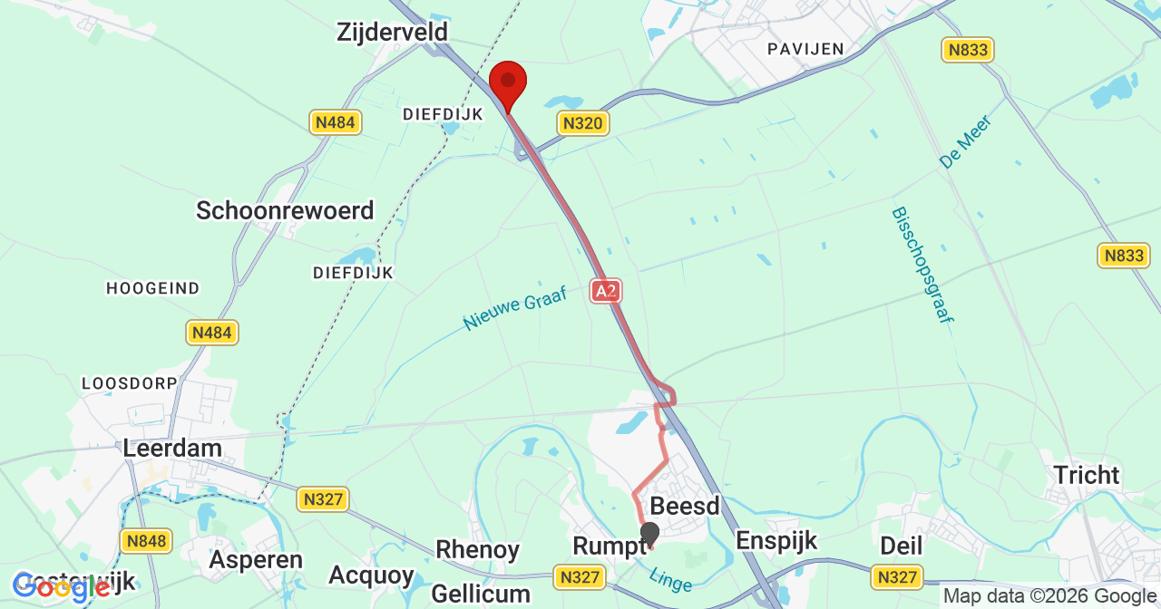 Kaart van het incident in Culemborg met de aanrijroutes van de gealarmeerde eenheden
