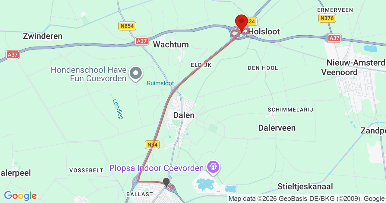 Kaart van het incident in Holsloot met de aanrijroutes van de gealarmeerde eenheden