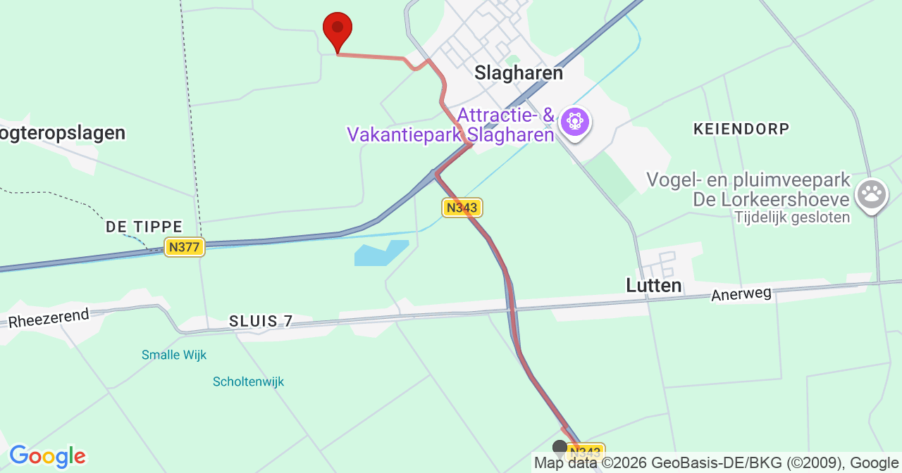Kaart van het incident in Slagharen met de aanrijroutes van de gealarmeerde eenheden
