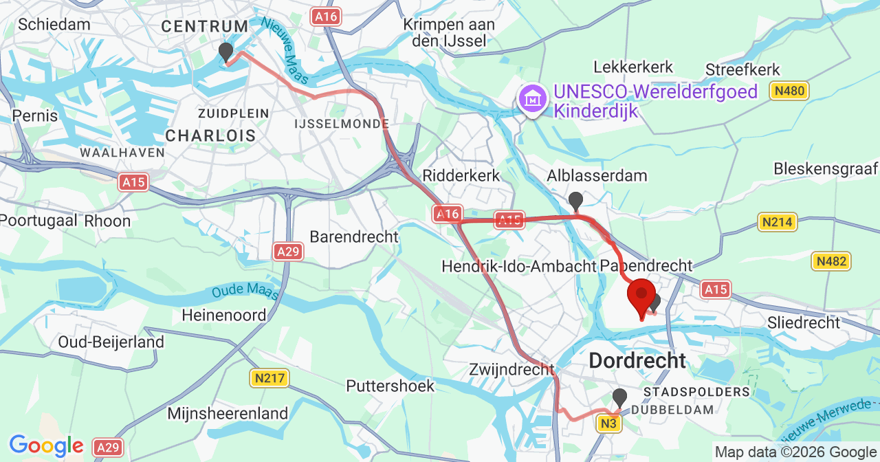 Kaart van het incident in Papendrecht met de aanrijroutes van de gealarmeerde eenheden
