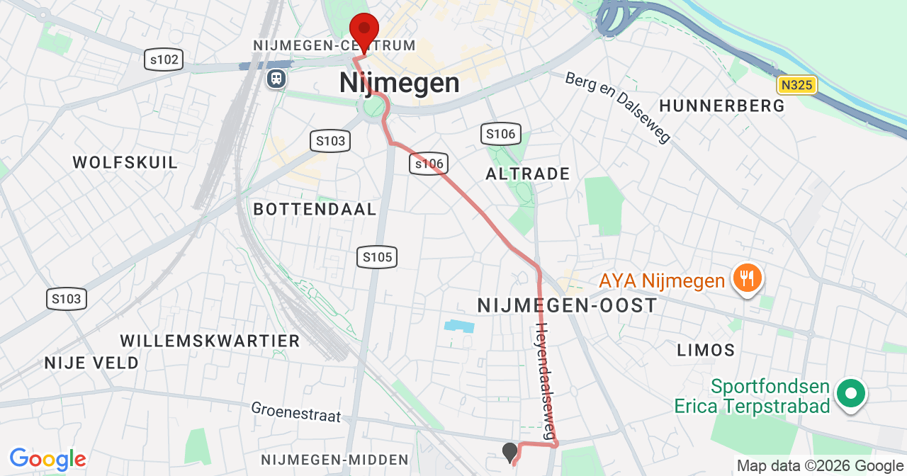 Kaart van het incident in Nijmegen met de aanrijroutes van de gealarmeerde eenheden