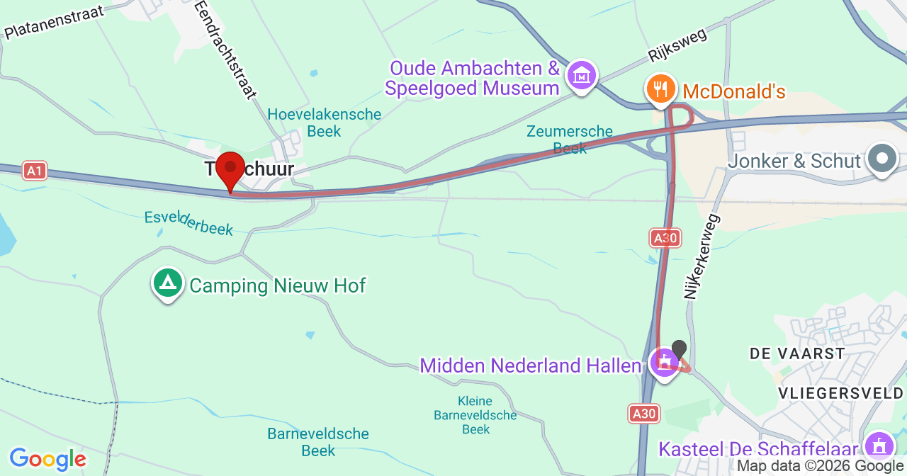 Kaart van het incident in Terschuur met de aanrijroutes van de gealarmeerde eenheden