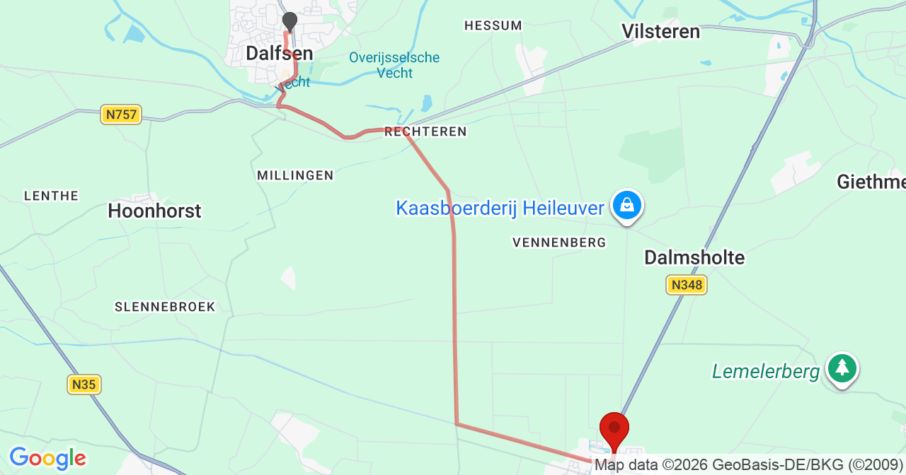 Kaart van het incident in Lemelerveld met de aanrijroutes van de gealarmeerde eenheden