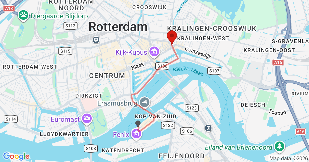 Kaart van het incident in Rotterdam met de aanrijroutes van de gealarmeerde eenheden