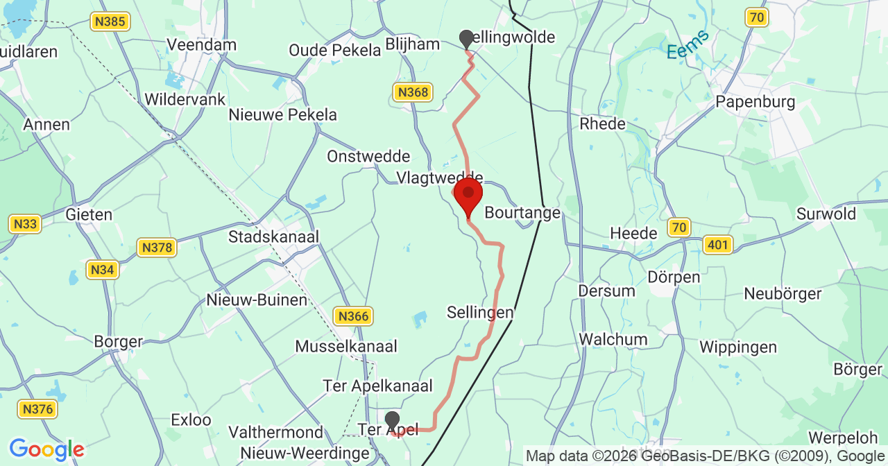 Kaart van het incident in Vlagtwedde met de aanrijroutes van de gealarmeerde eenheden