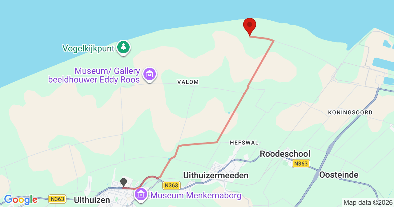 Kaart van het incident in Uithuizermeeden met de aanrijroutes van de gealarmeerde eenheden