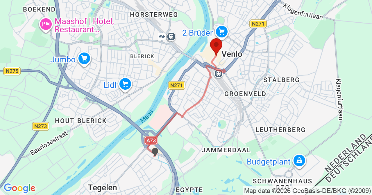 Kaart van het incident in Venlo met de aanrijroutes van de gealarmeerde eenheden