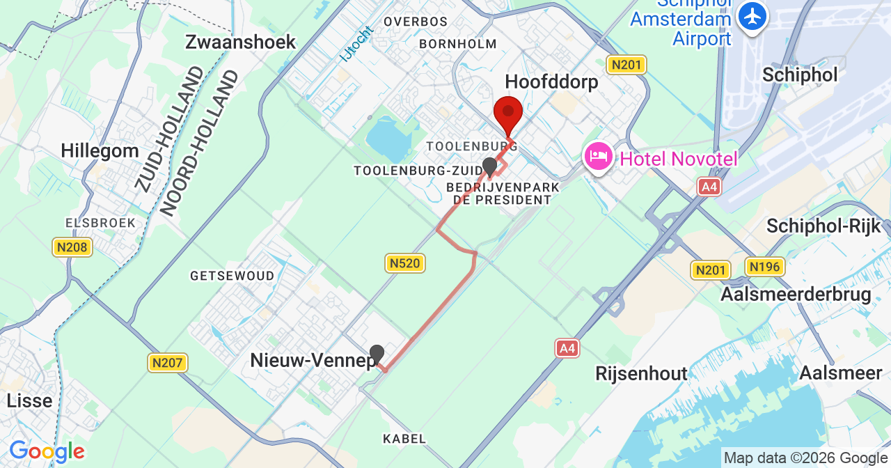 Kaart van het incident in Hoofddorp met de aanrijroutes van de gealarmeerde eenheden