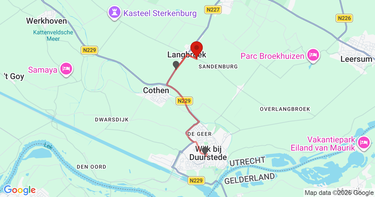 Kaart van het incident in Langbroek met de aanrijroutes van de gealarmeerde eenheden