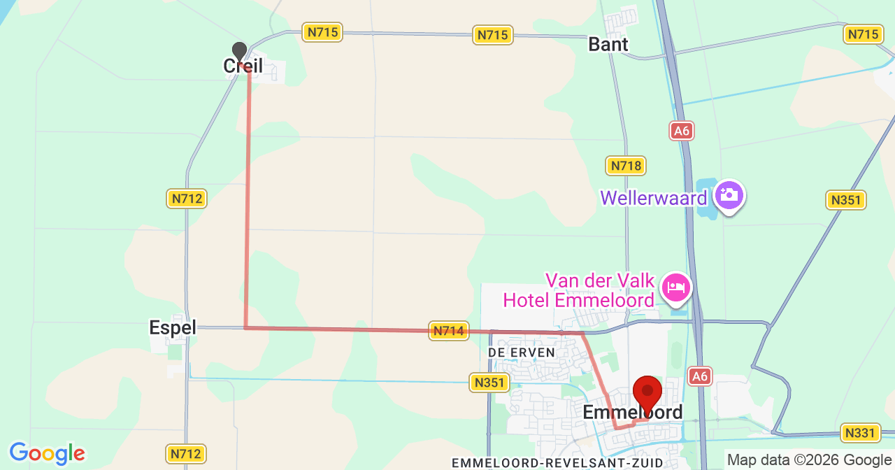 Kaart van het incident in Emmeloord met de aanrijroutes van de gealarmeerde eenheden