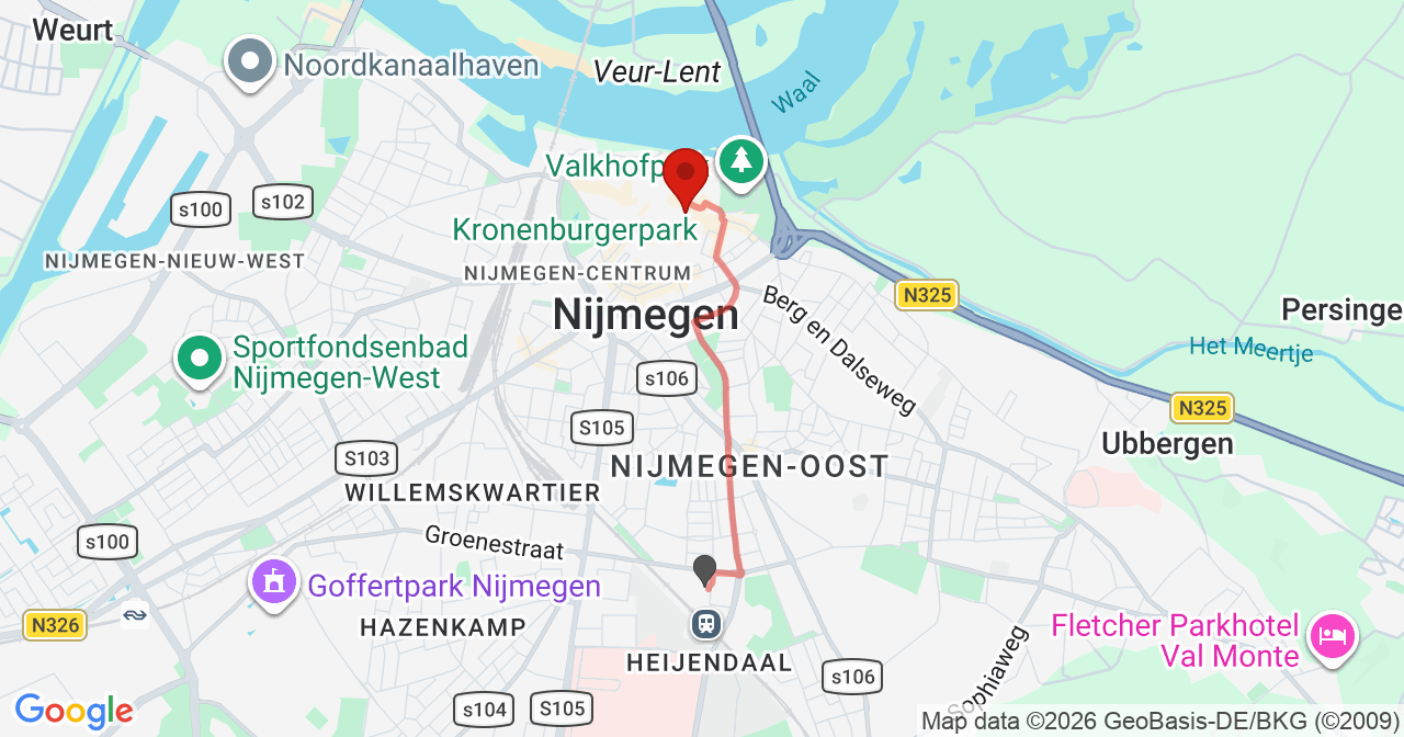 Kaart van het incident in Nijmegen met de aanrijroutes van de gealarmeerde eenheden