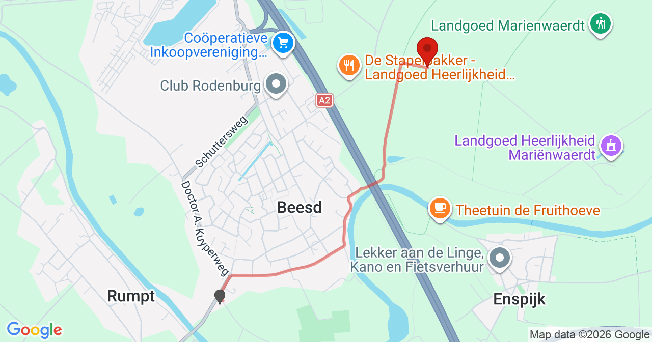 Kaart van het incident in Beesd met de aanrijroutes van de gealarmeerde eenheden
