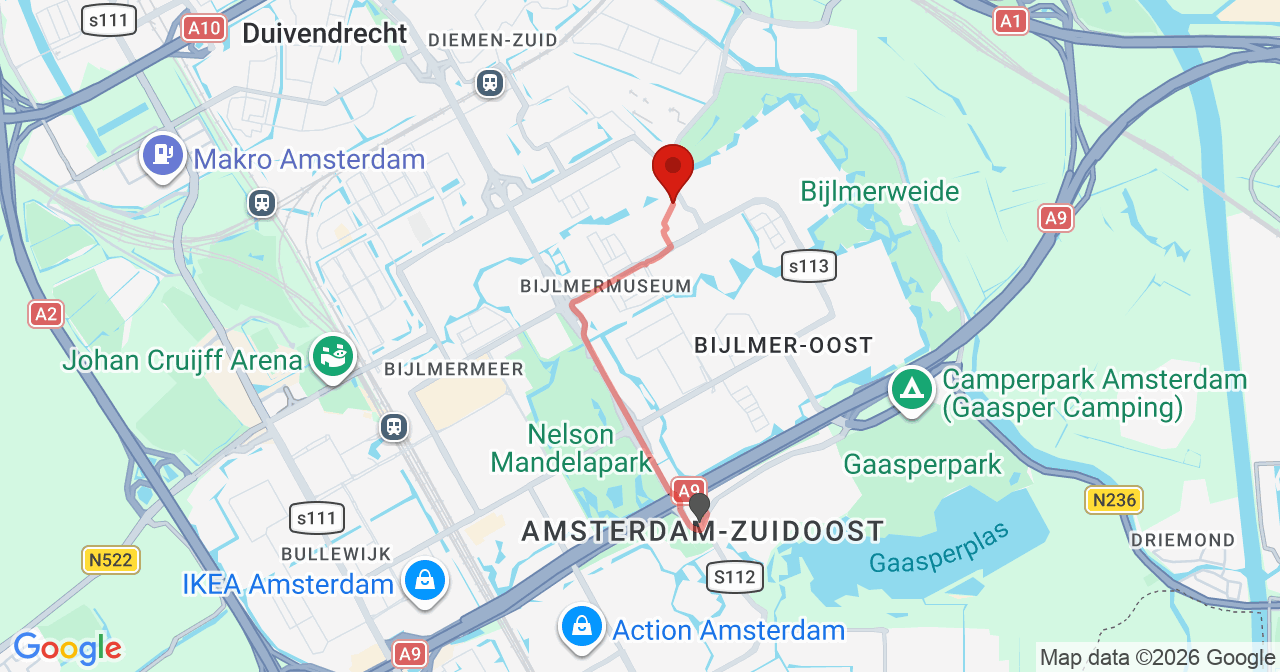 Kaart van het incident in Amsterdam met de aanrijroutes van de gealarmeerde eenheden
