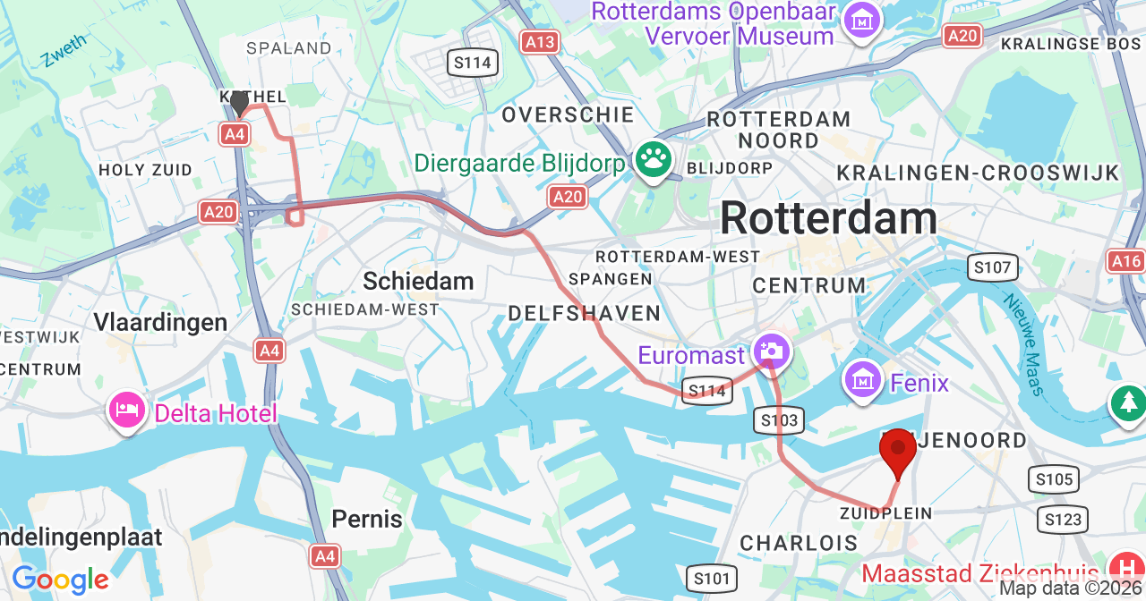 Kaart van het incident in Rotterdam met de aanrijroutes van de gealarmeerde eenheden