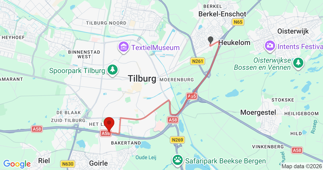Kaart van het incident in Tilburg met de aanrijroutes van de gealarmeerde eenheden