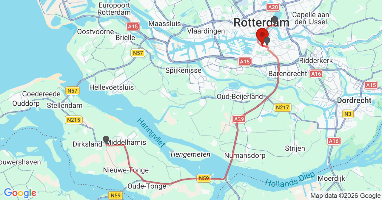 Kaart van het incident in Rotterdam met de aanrijroutes van de gealarmeerde eenheden
