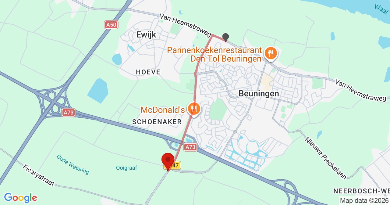 Kaart van het incident in Beuningen Gld met de aanrijroutes van de gealarmeerde eenheden