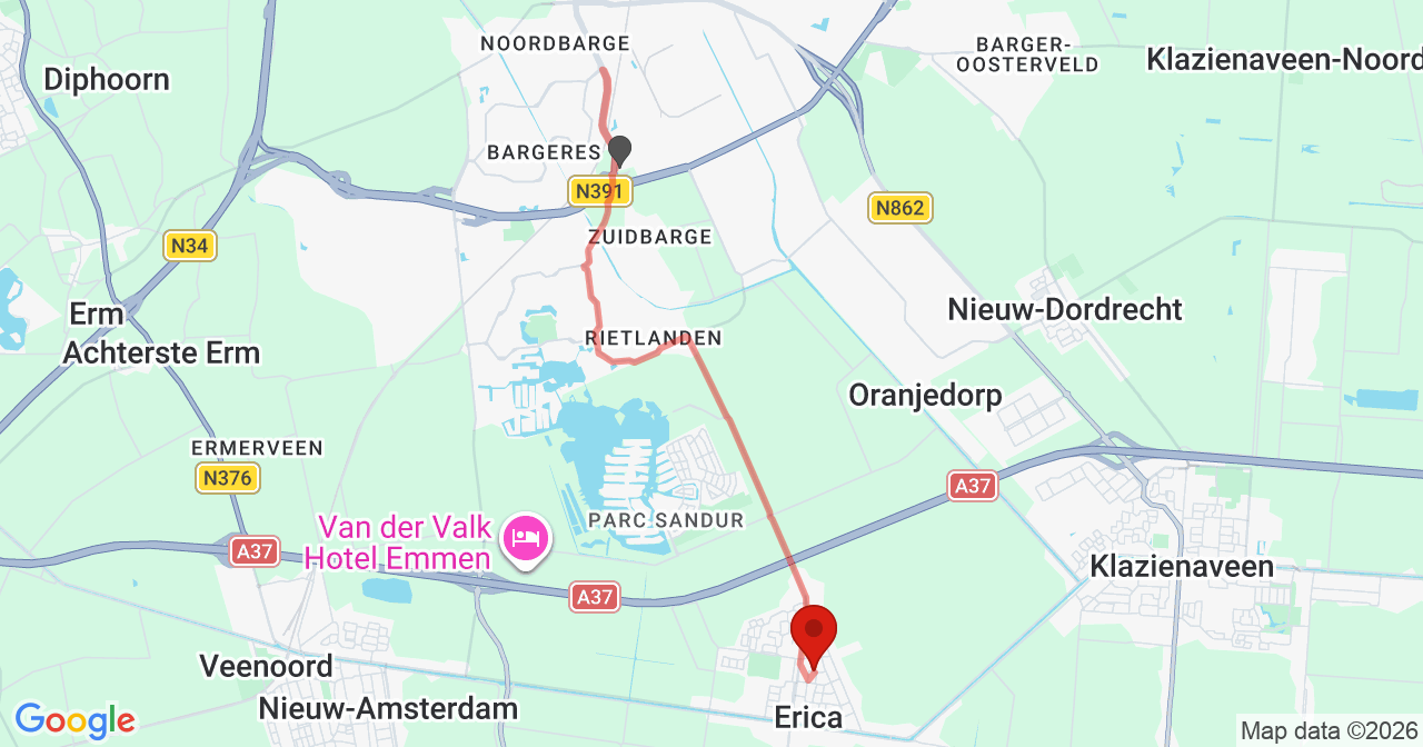 Kaart van het incident in Erica met de aanrijroutes van de gealarmeerde eenheden