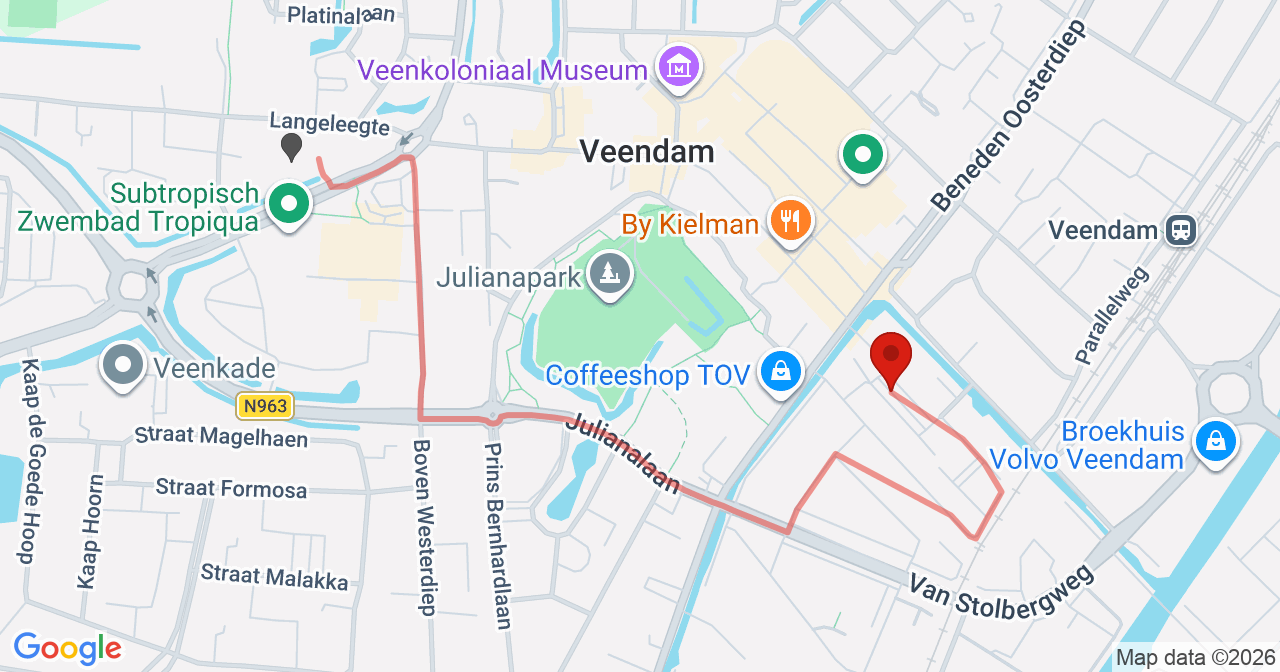 Kaart van het incident in Veendam met de aanrijroutes van de gealarmeerde eenheden