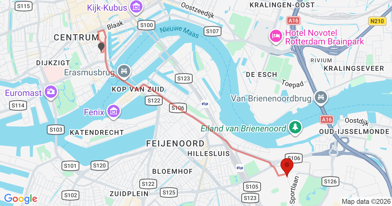 Kaart van het incident in Rotterdam met de aanrijroutes van de gealarmeerde eenheden