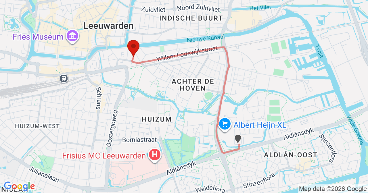 Kaart van het incident in Leeuwarden met de aanrijroutes van de gealarmeerde eenheden