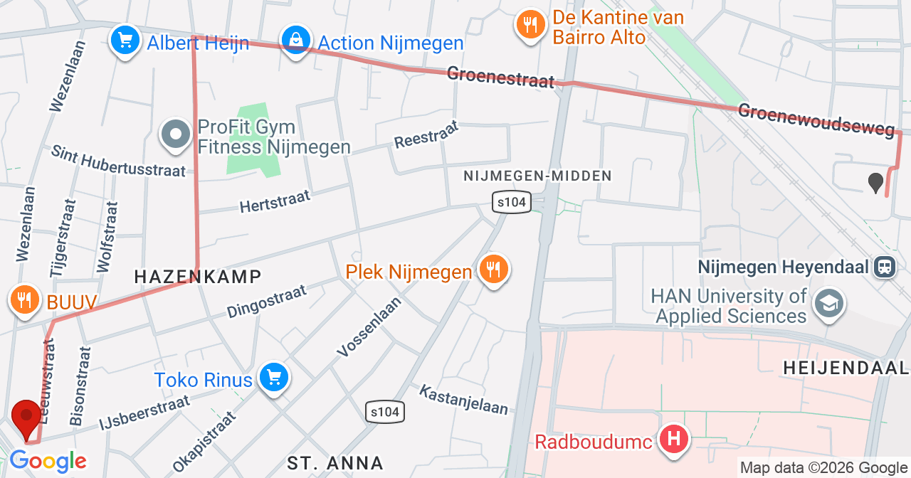 Kaart van het incident in Nijmegen met de aanrijroutes van de gealarmeerde eenheden