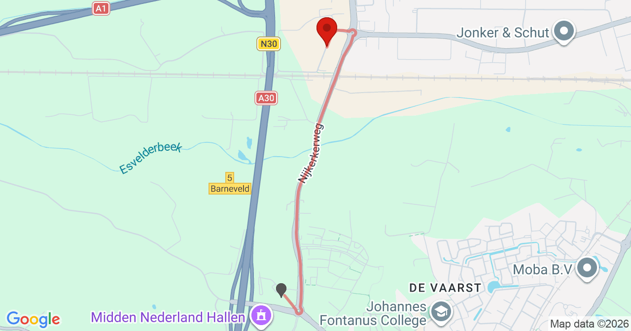 Kaart van het incident in Barneveld met de aanrijroutes van de gealarmeerde eenheden