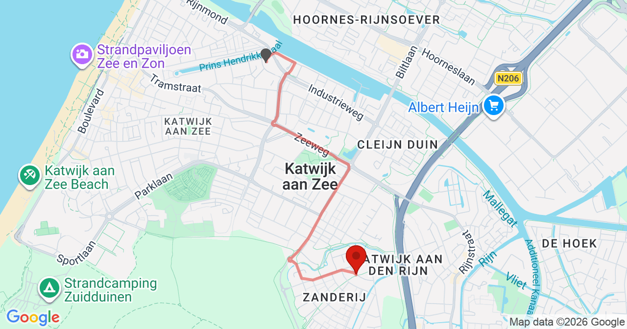 Kaart van het incident in Katwijk ZH met de aanrijroutes van de gealarmeerde eenheden