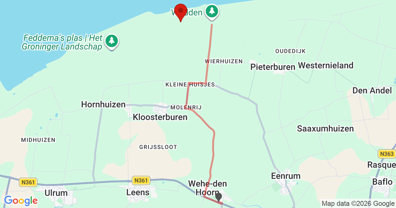 Kaart van het incident in Kloosterburen met de aanrijroutes van de gealarmeerde eenheden