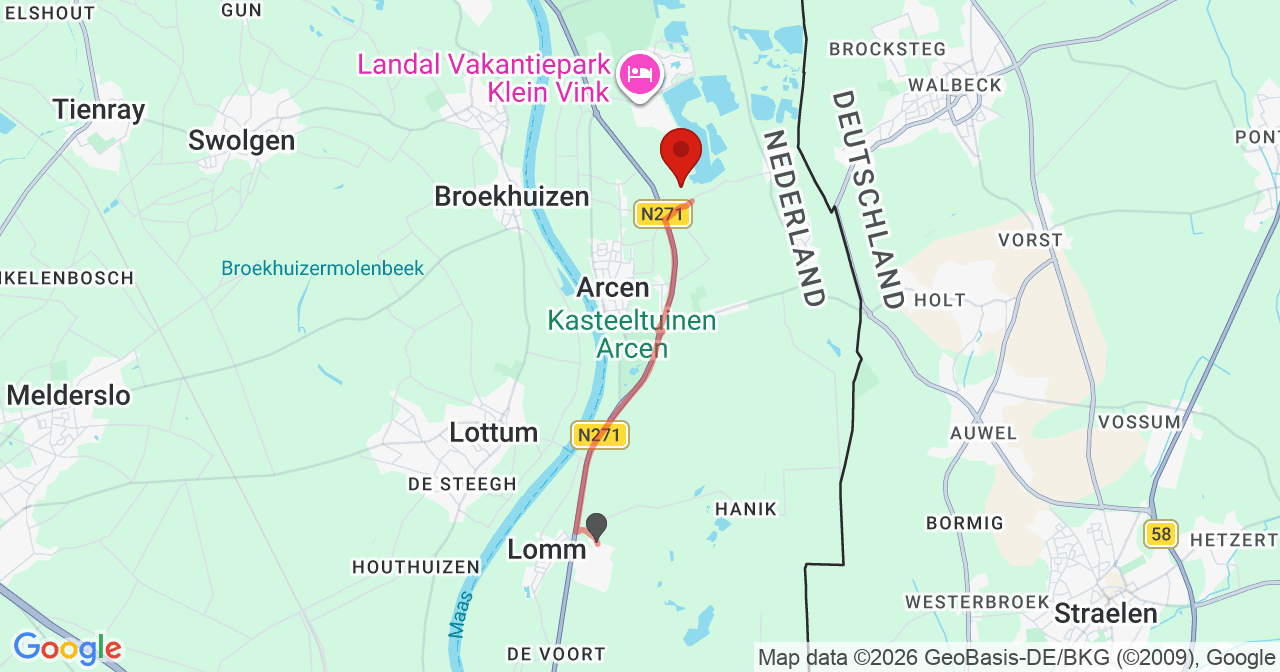 Kaart van het incident in Arcen met de aanrijroutes van de gealarmeerde eenheden