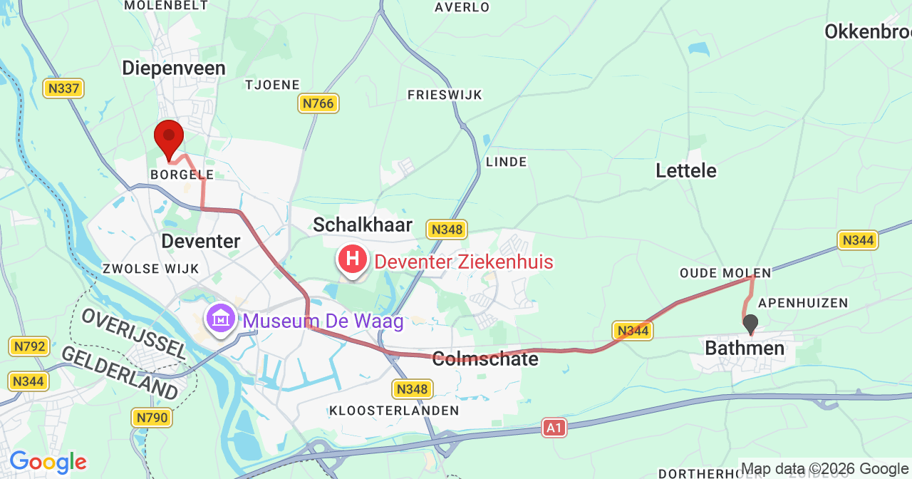 Kaart van het incident in Deventer met de aanrijroutes van de gealarmeerde eenheden