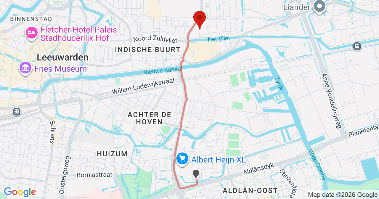 Kaart van het incident in Leeuwarden met de aanrijroutes van de gealarmeerde eenheden