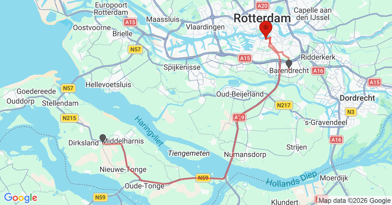 Kaart van het incident in Rotterdam met de aanrijroutes van de gealarmeerde eenheden