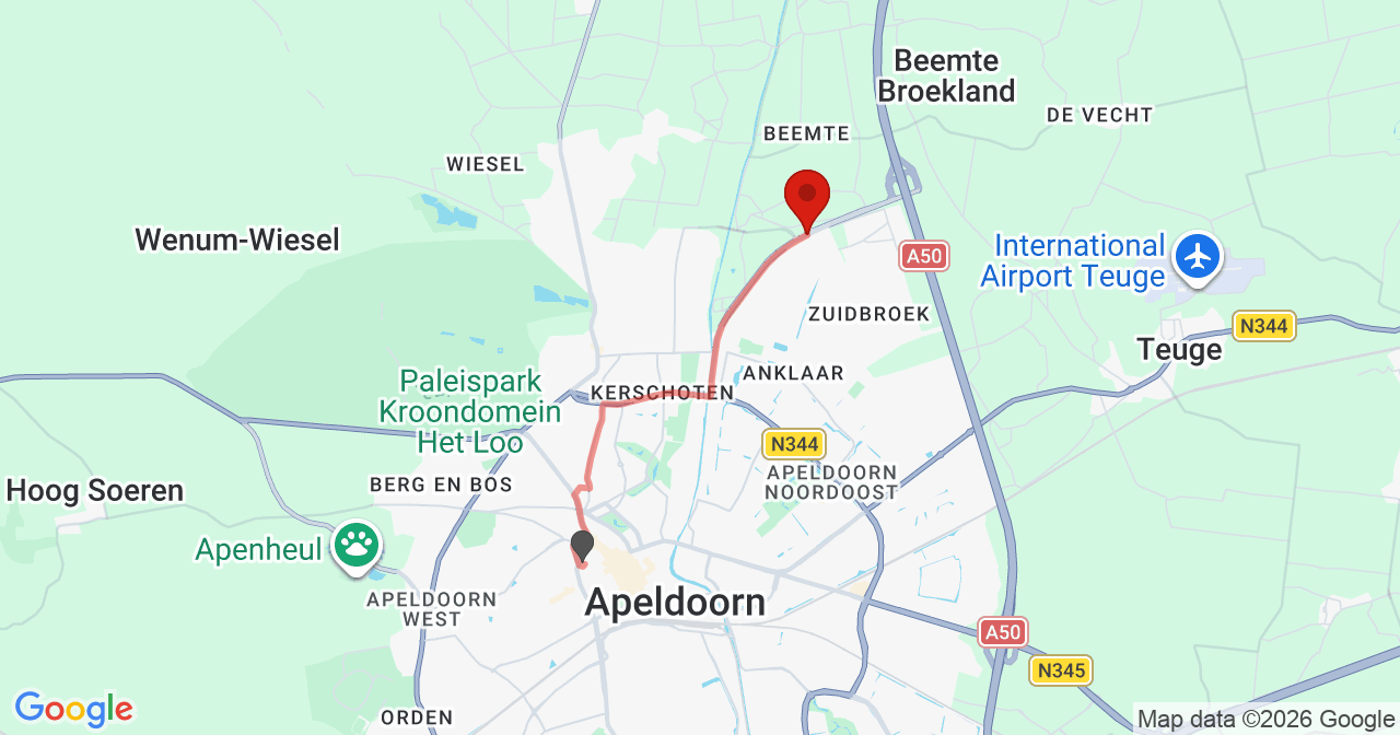 Kaart van het incident in Beemte Broekland met de aanrijroutes van de gealarmeerde eenheden