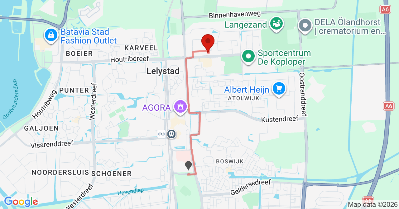 Kaart van het incident in Lelystad met de aanrijroutes van de gealarmeerde eenheden