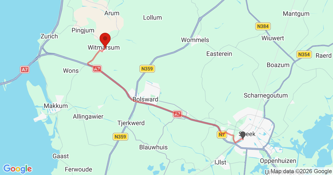 Kaart van het incident in Witmarsum met de aanrijroutes van de gealarmeerde eenheden