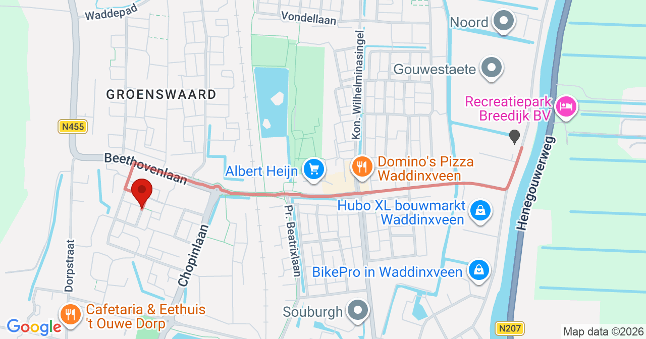 Kaart van het incident in Waddinxveen met de aanrijroutes van de gealarmeerde eenheden