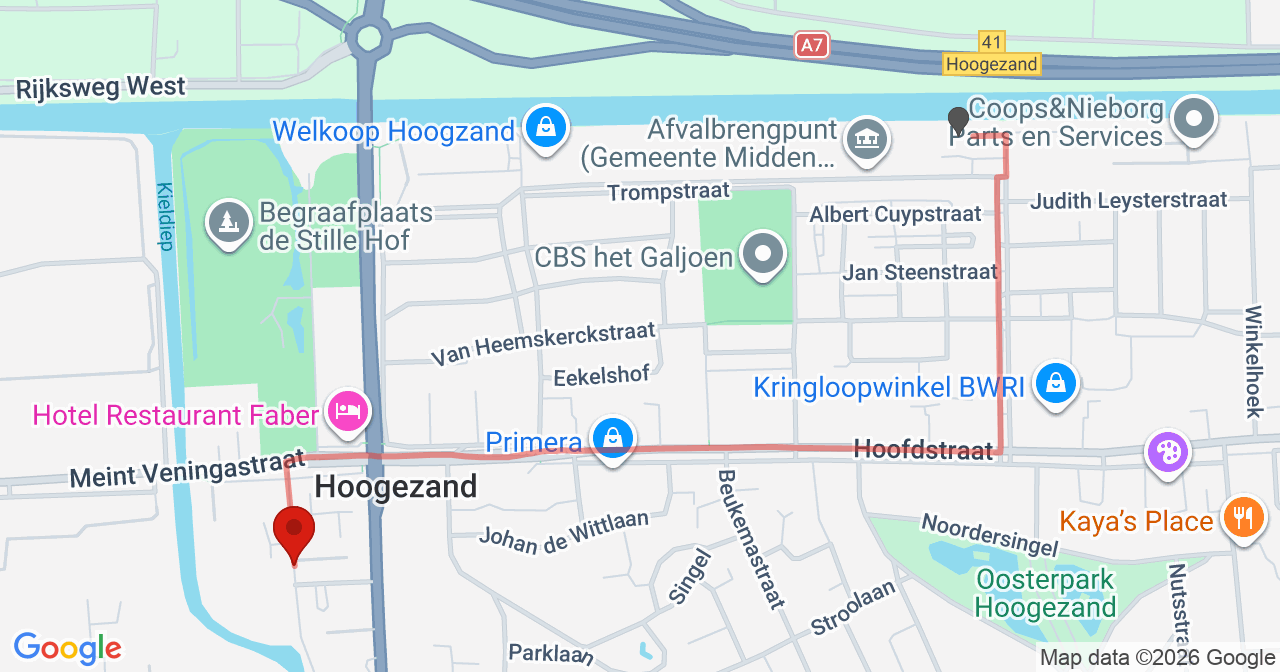 Kaart van het incident in Hoogezand met de aanrijroutes van de gealarmeerde eenheden