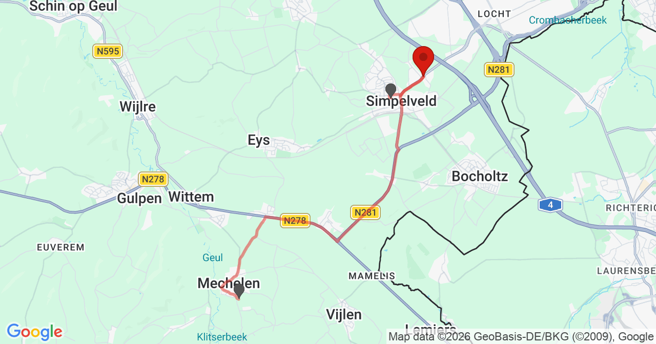 Kaart van het incident in Simpelveld met de aanrijroutes van de gealarmeerde eenheden