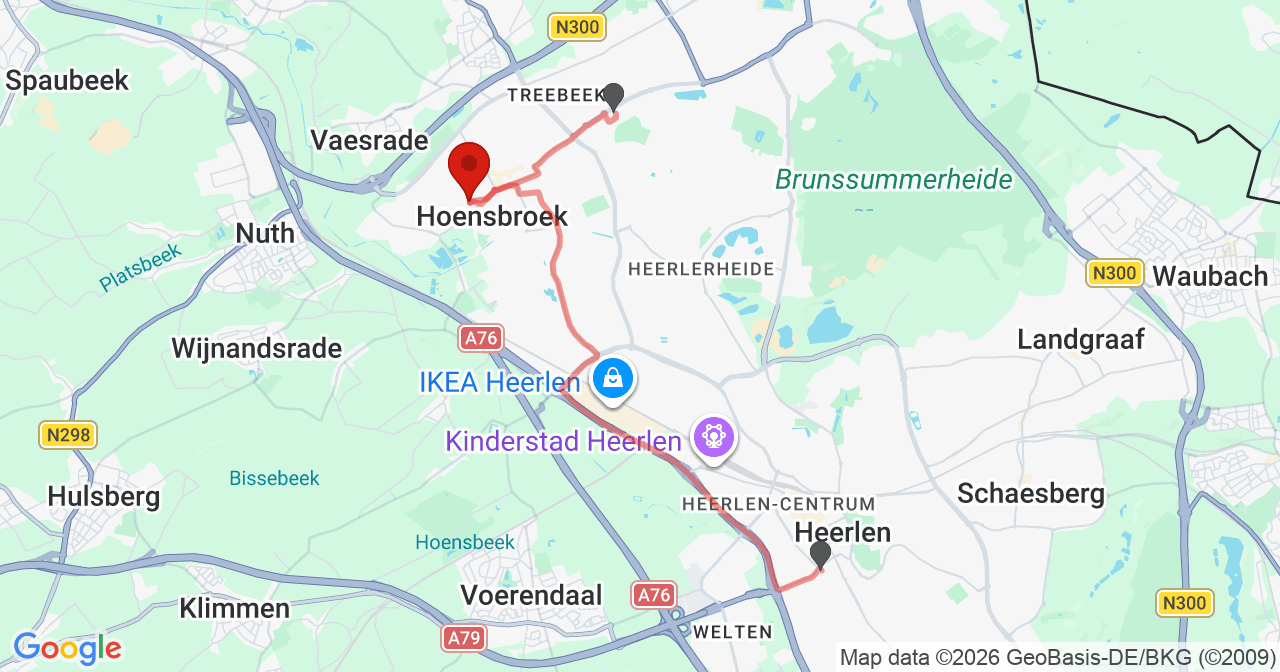 Kaart van het incident in Hoensbroek met de aanrijroutes van de gealarmeerde eenheden