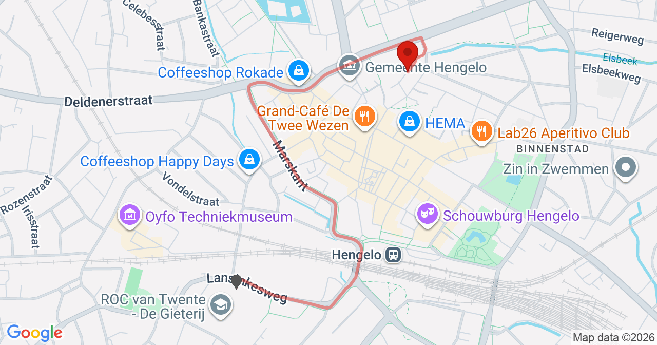 Kaart van het incident in Hengelo met de aanrijroutes van de gealarmeerde eenheden