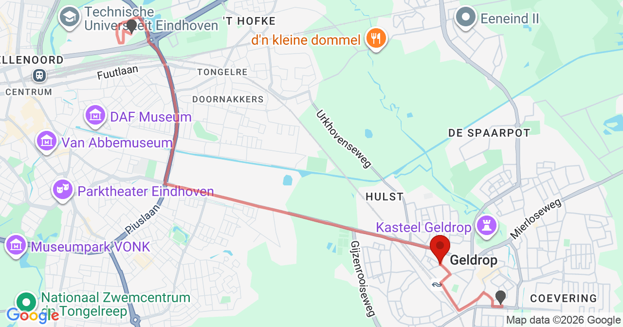 Kaart van het incident in Geldrop met de aanrijroutes van de gealarmeerde eenheden